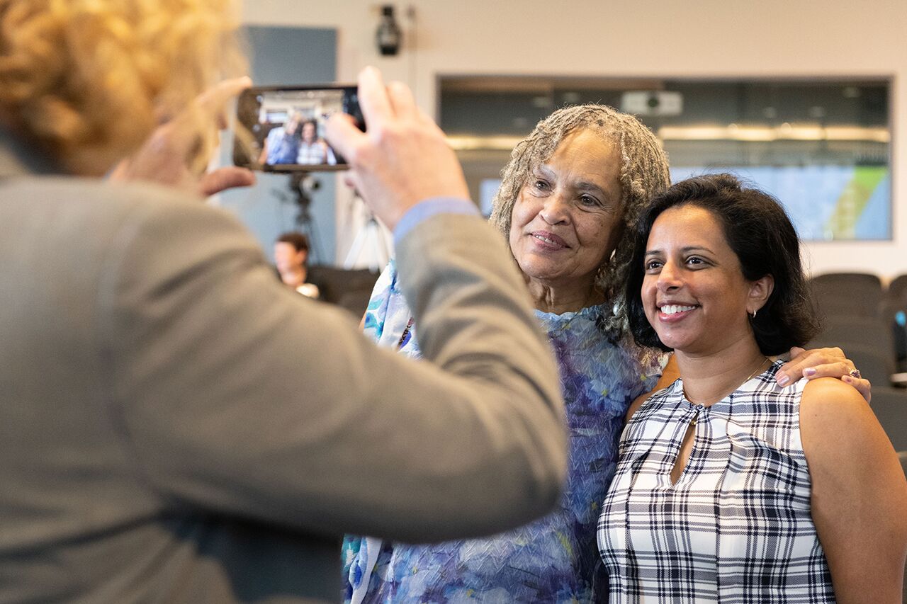 Charlayne Hunter-Gault (left), an award-winning journalist and author, gave the keynote address at the 10th Annual Diversity Symposium in 2018. Hunter-Gault is one of two recipients of the Ivan Allen Jr. Prize for Social Courage. Photo by Allison Carter.